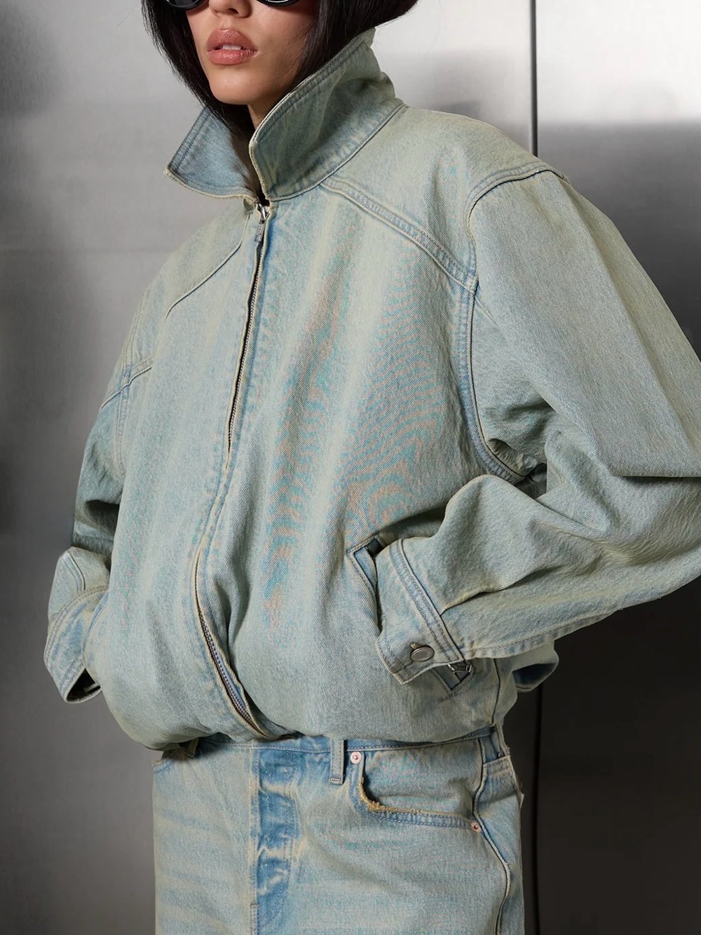 Oak + Fort Collared Denim Bomber Jacket in sand light wash